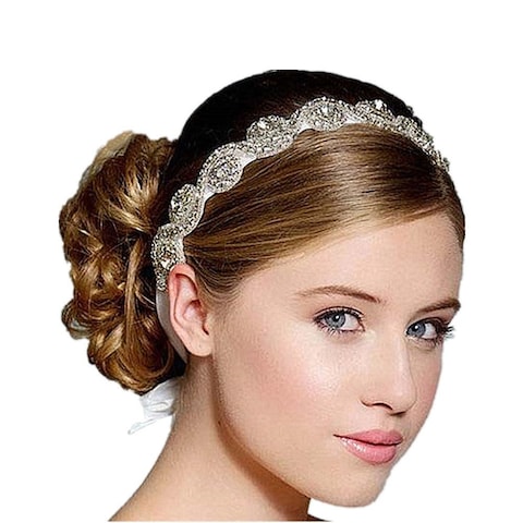 Goege Elegent Luxury Handmade Crystal Rhinestone Jewelry Beads Bridal Wedding Evening Pageants Proms Birthday Christmas Gift Headband Satin Ribbon Hiarband Headwrap Hair Band Accessory White