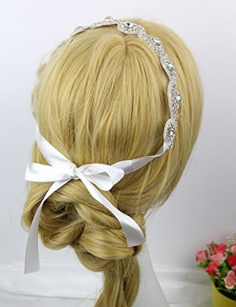 Goege Elegent Luxury Handmade Crystal Rhinestone Jewelry Beads Bridal Wedding Evening Pageants Proms Birthday Christmas Gift Headband Satin Ribbon Hiarband Headwrap Hair Band Accessory White