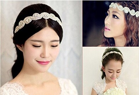 Goege Elegent Luxury Handmade Crystal Rhinestone Jewelry Beads Bridal Wedding Evening Pageants Proms Birthday Christmas Gift Headband Satin Ribbon Hiarband Headwrap Hair Band Accessory White