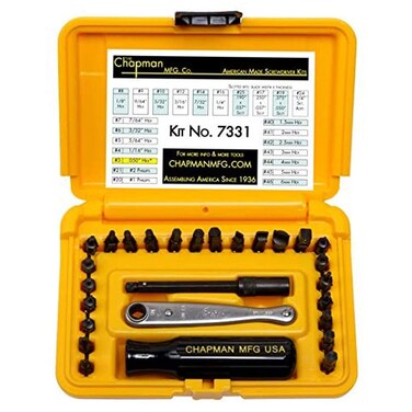 Chapman MFG 7331 AllPurpose Standard Screwdriver Set  Includes Phillips SAE Allen Hex  SlottedFlathead Bits  Complete Set Offers 24 USA Made Insert Bits  Mini Ratchet Hand Tool Yellow Case