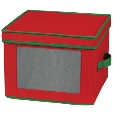 Household Essentials 536RED Holiday China Storage Chest with Lid and Handles  Dinner Plate  Red Canvas with Green Trim