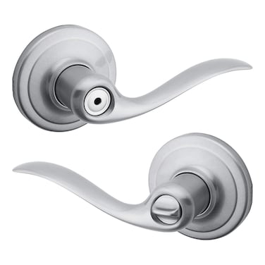 Kwikset Tustin Interior Privacy Door Handle with Lock Door Lever For Bathroom and Bedroom Satin Chrome Reversible Keyless Turn Lock