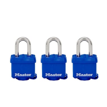 Master Lock 312TRI Laminated Padlock with Key  Thermoplastic Shell Blue Pack of 3 KeyedAlike