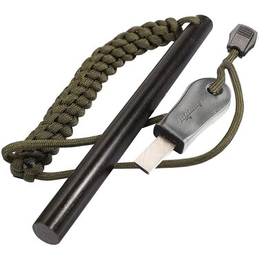 bayite 12 x 6 Inch Survival Drilled Flint Steel Fire Starter Ferrocerium Rod Kit with StrikerPro Striker Paracord Landyard Handle Large