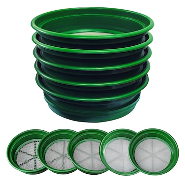 SE 13 14 Inch Stackable Classifier Gold Prospecting Pan Set  Includes 12 14 18 112 and 120 Stainless Steel Mesh Sifting Pans Green 5 Pack