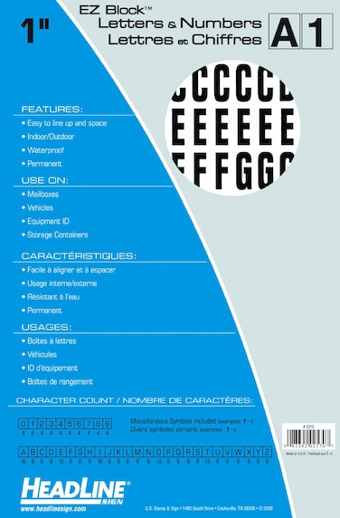 Headline Sign 2570 StickOn EZ Block Letters and Numbers Black on White 1Inch Made in USA