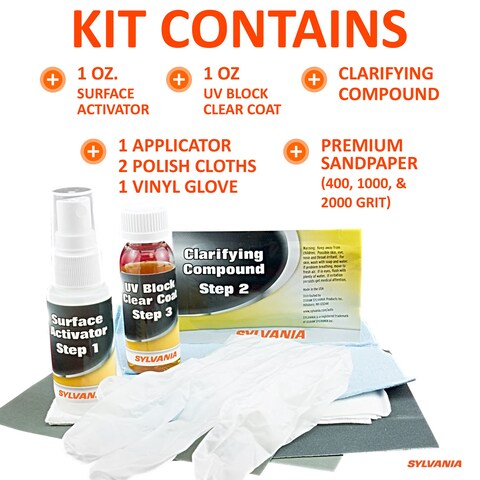 SYLVANIA  Headlight Restoration Kit  3 Easy Steps to Restore Sun Damaged Headlights With Exclusive UV Block Clear Coat Light Output and Beam Pattern Restored Long Lasting Protection