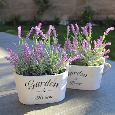 Butterfly Craze Artificial Lavender Plants in Rustic Wooden Planters  Lifelike Stunning Faux Silk Purple Flowers Perfect for Elevating Your Patio Home Dcor or Office Set of Two White Pots