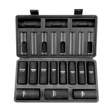 VEVOR 12 Drive Impact Socket Set 11 Piece Deep Socket Set SAE 381 6 Point CRV Alloy Steel for Auto Repair EasytoRead Size Markings Rugged Construction Includes Storage Case