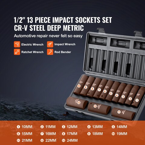 VEVOR 12 Drive Impact Socket Set 13 Piece Deep Socket Set Metric 1024mm 6 Point CRV Alloy Steel for Auto Repair EasytoRead Size Markings Rugged Construction Includes Storage Case