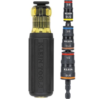 Klein Tools 32910 Impact Driver 7in1 SAE Impact Socket Set with Handle Flip Socket with 6 Hex Driver Sizes plus a 14Inch Bit Holder