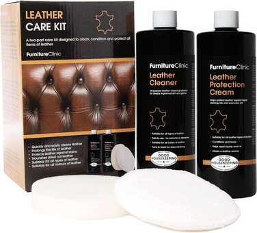 Furniture Clinic Large Leather Care Kit  Leather Cleaner  Protection Cream for Furniture  Two 17oz Bottles  1 Sponge  1 Cloth  Condition and Restore Leather Couches Car Seats Jackets  Boots