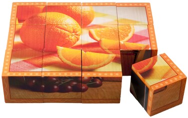 Stages Learning Real Picture Fruits Wooden Cube Language Builder Preschool Puzzle 12 Piece Orange