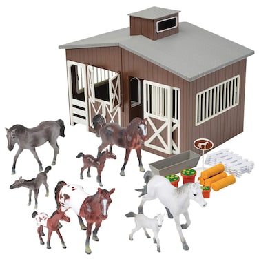 Constructive Playthings Deluxe Toy Horse Stable Playset with 8 Horse Toys and Accessories BPAFree Farm Set Use for Christmas Gifts and Birthday Gifts Brown 23 pc Toddler Toys for 3 Years Up