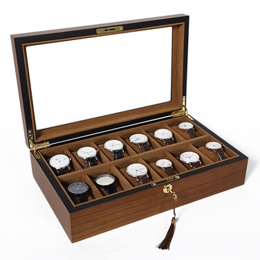 Uten Watch Box with 12 Slots Watch Case Organizer with Golden Lock and Key Wooden Watch Display Storage Box with Removable Watch Cushions Velvet Lining Metal Clasp