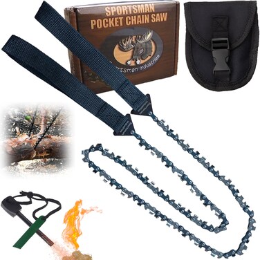 Sportsman Pocket Chainsaw  Camping Folding Hand Saw With Fire Starter 36Inch Heavy Duty Chain  48 Teeth Best Pocket Saw for Survival Gear Hunting Backpacking Tree Trimming or Emergency Kit