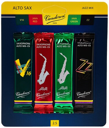 Vandoren SRMIXA25 Alto Sax Jazz Reed Mix Card includes 1 each ZZ V16 JAVA and JAVA Red Strength 25
