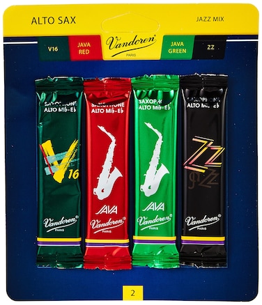 Vandoren SRMIXA2 Alto Sax Jazz Reed Mix Card includes 1 each ZZ V16 JAVA and JAVA Red Strength 2