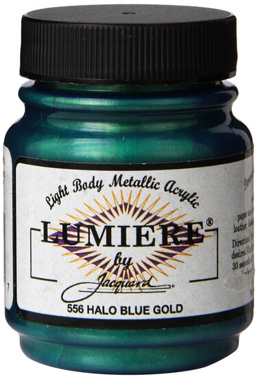 Jacquard Lumiere 225oz Fabric Paint Halo Blue Gold  Metallic Paint for Fabric Leather Canvas Paper and Wood  Lightbodied Metallic Acrylic Paint  Lightfast  Vibrant Metallic Acrylic Paints