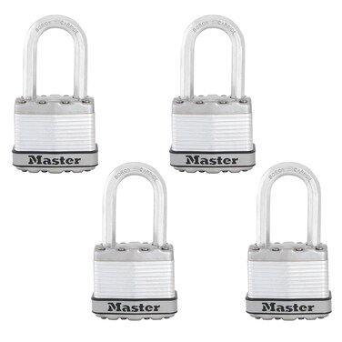 Master Lock Silver Magnum Outdoor Padlock with Key Keyed Alike Gate Locks for Outdoor Fence or Shed with Long Shackle 4 Pack M1XQLFCCSEN