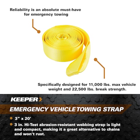 KEEPER  3 x 20 Emergency Vehicle Towing and Recovery Strap  11000 lbs Max Vehicle Weight and 22500 lbs Break Strength