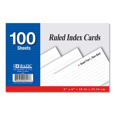 BAZIC 100 Ct 4 X 6 Ruled White Index Card