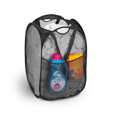 Smart Design Deluxe Mesh Pop Up Square Laundry Hamper w Side Pocket  Handles  VentilAir Fabric Collapsible Design  for Clothes  Laundry  Home  Holds 2 Loads 14 x 23 Inch Black