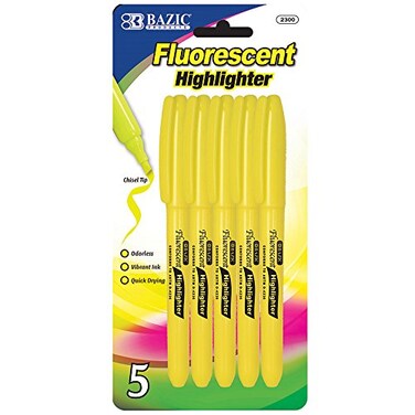 BAZIC Yellow Pen Style Fluorescent Highlighter wPocket Clip 5Pk