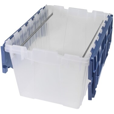 AkroMils 12 Gallon KeepBox File Box Plastic Stackable Storage Container with Hinged Attached Lid and Rails for Hanging File Folders 21Inch L x 15Inch W x 12Inch H ClearBlue
