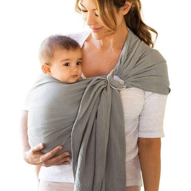 Moby Ring Sling Wrap Carrier  HandsFree Versatile Support Wrap for Mothers Fathers and Caregivers  Breathable Baby Wrap Carrier for Newborns Infants  Toddlers  Supports 830 lbs  Pewter