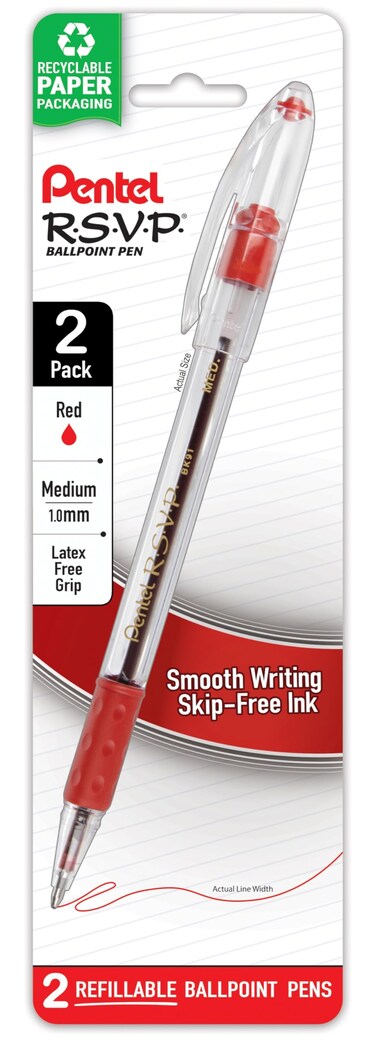 Pentel RSVP Ballpoint Pen Medium Line Red Ink 2Pack BK91BP2B
