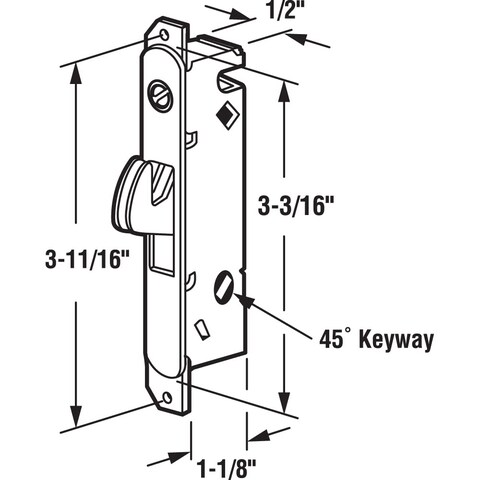 PrimeLine E 2199 Stainless Steel Mortise Lock  Adjustable SpringLoaded Hook Latch for Sliding Patio Doors Made of Wood Aluminum  Vinyl 31116 45 Degree Keyway Round Face Single Pack