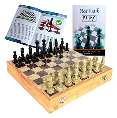 StonKraft  10 X 10 Chess Board with Wooden Base  Stone Inlaid  Stone Pieces Game Set