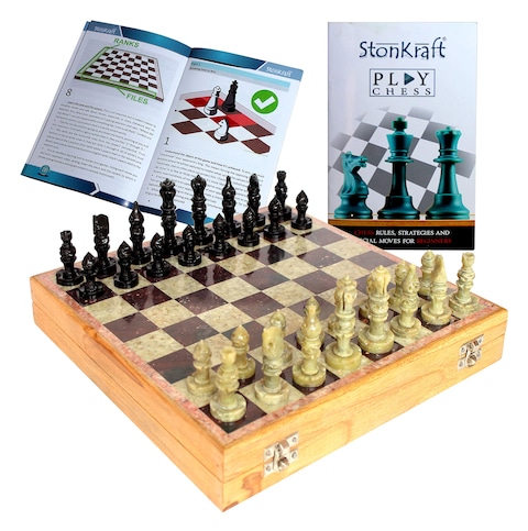 StonKraft  10 X 10 Chess Board with Wooden Base  Stone Inlaid  Stone Pieces Game Set