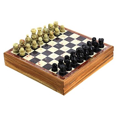 StonKraft  8 X 8 Chess Board with Wooden Base with Stone Inlaid  Stone Pieces Game Set
