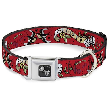 Dog Collar Seatbelt Buckle Lucky Red 15 to 26 Inches 10 Inch Wide