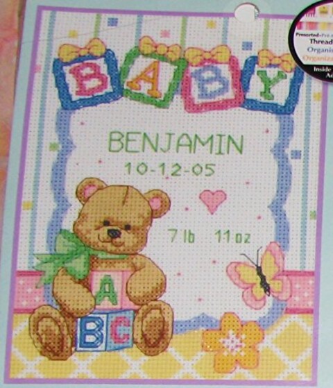 Dimensions Counted Cross Stitch Kit Baby Blocks and Teddy Bear Birth Record Personalized Baby Gift 14 Count White Aida 5 x 7