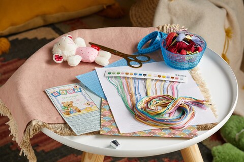 Dimensions Counted Cross Stitch Kit Baby Blocks and Teddy Bear Birth Record Personalized Baby Gift 14 Count White Aida 5 x 7