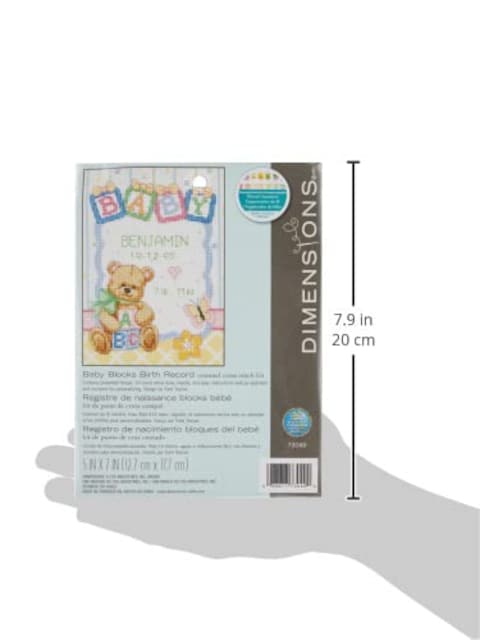 Dimensions Counted Cross Stitch Kit Baby Blocks and Teddy Bear Birth Record Personalized Baby Gift 14 Count White Aida 5 x 7