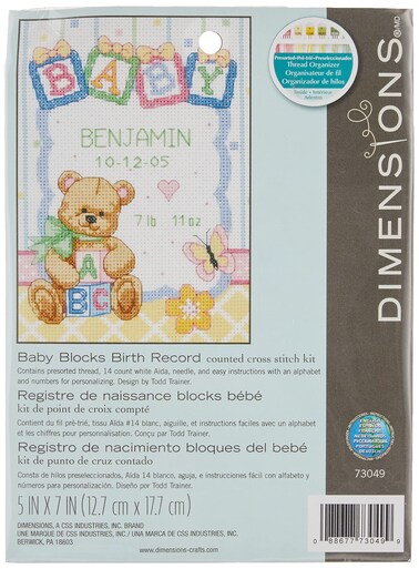 Dimensions Counted Cross Stitch Kit Baby Blocks and Teddy Bear Birth Record Personalized Baby Gift 14 Count White Aida 5 x 7