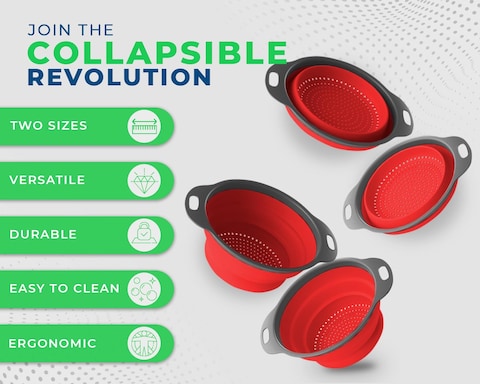 Ultimate Kitchen Strainers Set of 2  Collapsible Silicone Colanders For Easy Storage by Comfify  Use with Pasta  Veggies or as a Fruit or Berry Bowl with Strainer  Irreplaceable for Campers  Red