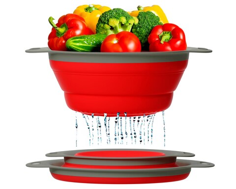 Ultimate Kitchen Strainers Set of 2  Collapsible Silicone Colanders For Easy Storage by Comfify  Use with Pasta  Veggies or as a Fruit or Berry Bowl with Strainer  Irreplaceable for Campers  Red