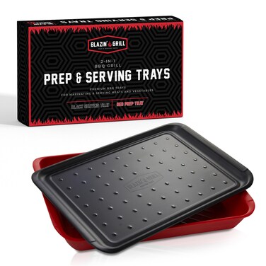 BLAZIN GRILL Prep and Serve Trays  Set of 2 Stackable Melamine Trays  Serving Tray  Marinating Tray  Serving Platter for Plating Food  BBQ Prep Tub for Marinating Meats  Grill Accessories