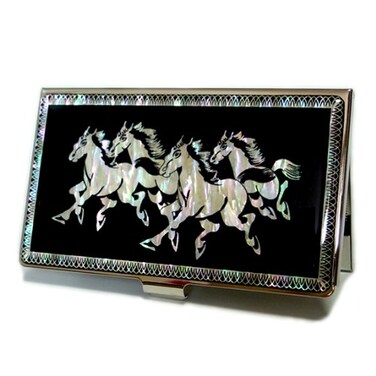 Mother of Pearl Horse Design Business Credit Name Id Card Case Holder Metal Stainless Steel Engraved Slim Money Wallet