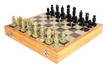 StonKraft Handcarved Chess Board with Wooden Base  Stone Inlaid Work  Chess Game Board Set
