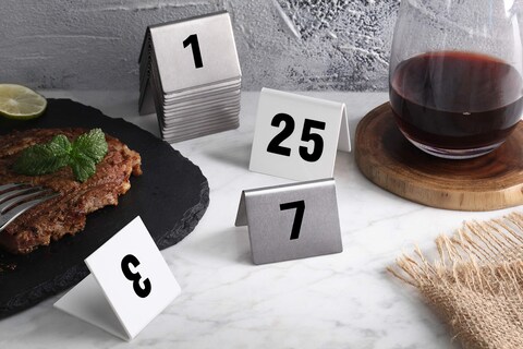 New Star Foodservice 27655 Stainless Steel Tent Style Table Number Card 76100 15 x 2 Inch White