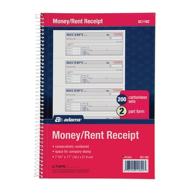 Adams Money and Rent Receipt Book 2Part Carbonless 758 x 11 Spiral Bound 200 Sets per Book 4 Receipts per Page SC1182 WhiteCanary
