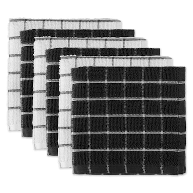 DII Basic Terry Collection Windowpane Dishcloth Set 12x12 Black 6 Piece