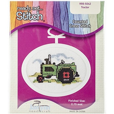 Janlynn 18 Count Oval Mini Counted Cross Stitch Kit 234Inch Tractor