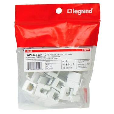 Legrand  OnQ Telephone Keystone Jack RJ45 6P6C Insert QuickConnect Universal Keystone Connector for Phone Connections Rear Mount SnapIn Keystone Design White 10 Count WP3473WH10
